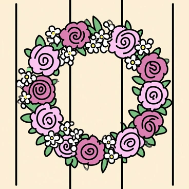 A circular floral wreath, made of intertwined "roses" in various shades of pink and red, and "daisies" in white with yellow centers. The wreath is hanging on a "rustic wooden door" that features visible wood grain and texture. The door has a natural brown color, enhancing the contrast with the colorful flowers in the wreath. The arrangement of the flowers creates a balanced and harmonious appearance as they encircle the door.