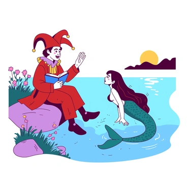 A jester meeting a curious mermaid at the edge of a sparkling lake, sharing stories.