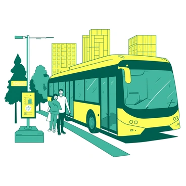A teal family is happily boarding a sleek, modern yellow electric bus at a clean, well-maintained bus stop. The family consists of a father, mother, and two children, all smiling and chatting as they prepare to step onto the bus. Surrounding them, there are tall yellow buildings in the background, showcasing a vibrant city atmosphere. The bus has large windows displaying a clear view of the interior, which includes comfortable seating. Nearby, there is an electric charging station with a yellow sign indicating "Clean Energy."