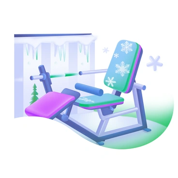 A seated row machine adorned with various "snowflakes" scattered across its frame to represent the winter season. The machine is positioned on a smooth, light-colored gym floor. In the background, there are subtle hints of "winter decorations" like icicles and a soft snow-covered effect on the walls. The padding of the machine is a cozy "frosty blue" color, enhancing the seasonal theme.