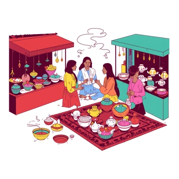A vibrant scene of a bustling international market filled with colorful stalls displaying traditional dowry items from various cultures. To the left, there is a red stall adorned with intricate fabric decorations showcasing beautifully crafted jewelry, including necklaces and bangles. On the right, a teal stall presents a variety of ornate pottery and hand-painted dishes, each reflecting unique cultural designs. In the center, vendors are engaged in lively conversations with customers, exchanging ideas and stories about the items. The ground is covered with a patterned mat where woven baskets are displayed, overflowing with handmade textiles. A scent of spices and incense fills the air, enhancing the rich atmosphere of cultural exchange.