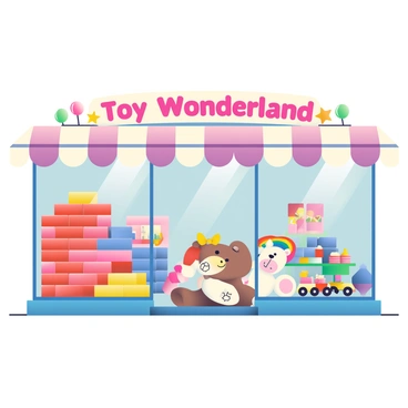 A toy store storefront features large glass windows showcasing an array of colorful toys and stuffed animals. The display is filled with bright red, blue, and yellow building blocks stacked neatly on one side. Plush stuffed animals, including a large teddy bear with a yellow bow and a fluffy unicorn with a rainbow mane, are arranged invitingly in the center. On the other side, small action figures and dollhouses are positioned alongside vibrant toy cars. A cheerful sign above the entrance reads "Toy Wonderland" in playful letters, with stars and balloons illustrated around it. The storefront has a warm, welcoming atmosphere, inviting children and families to come inside.