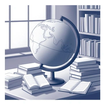 A globe is positioned on a wooden desk, showcasing the continents and oceans in detailed relief. The desk has a polished surface and is surrounded by stacks of books, each with varying sizes and bindings. The books are placed haphazardly, with some open to reveal pages filled with text. The setting is inside a library, with tall shelves lined with more books in the background, creating a scholarly atmosphere. Soft light filters through a nearby window, casting gentle shadows across the desk and globe.