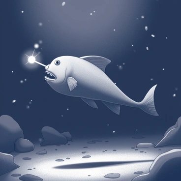 A solitary anglerfish is positioned in the depths of a dark ocean. Its body is elongated and has sharp teeth visible in its open mouth. The fish features a bioluminescent lure protruding from its head, glowing softly to attract prey in the surrounding darkness. The water is filled with faint outlines of other marine life, creating a mysterious atmosphere. The ocean floor is scattered with rocks and sand, adding to the sense of depth and isolation.