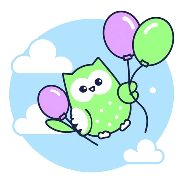 A baby owl is gently floating in the air, with its wings slightly spread. The owl has soft feathers and large, round eyes, adding to its adorable appearance. It is clutching a bunch of balloons in its small talons. The balloons are varying in size and shape, creating a sense of whimsy. The owl is suspended amidst a clear blue sky, with fluffy clouds scattered in the background. The scene captures a lighthearted moment of the owl soaring through the sky while holding onto the balloons.