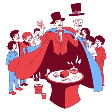 A red charming magician is standing on a lively street corner, wearing a classic black top hat and a matching tuxedo. He has a bright blue cape flowing behind him as he performs a captivating illusion. The magician is holding a pair of colorful cards in one hand, while his other hand is raised dramatically, creating an air of mystery. Surrounding him, a diverse audience, including several children with wide eyes, watches in amazement. A small table in front of the magician is covered with various magical props, adding to the lively atmosphere of the scene.