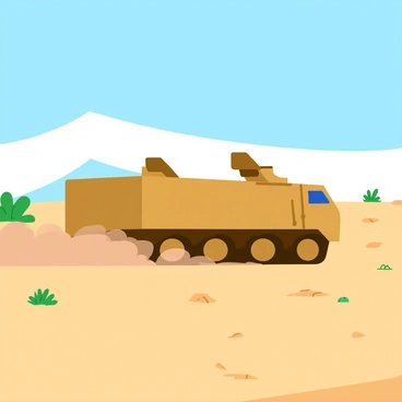 A large troop carrier moving swiftly across a barren desert landscape. The vehicle is covered in sandy colors, blending with the surroundings, while clouds of dust are kicked up behind it. The desert terrain features scattered patches of dry, cracked earth and occasional tufts of sparse vegetation. The sky above is a clear blue, with the bright sun casting distinct shadows of the carrier onto the ground. The scene captures the sense of motion and the arid environment.