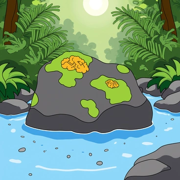 A large, moss-covered rock sits partially submerged in a clear rainforest stream. The rock is a mixture of dark gray and green hues, with vibrant green moss clinging to its surface. Brightly colored lichens, in shades of yellow and orange, are scattered across the rock, adding pops of color. The water in the stream is crystal clear, flowing gently over the rock and revealing small pebbles at the bottom. Surrounding the rock, lush green ferns and tropical plants thrive, creating a dense atmosphere typical of a rainforest. Sunlight filters through the canopy above, casting playful reflections on the water's surface.