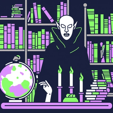 A Nosferatu figure stands in a dimly lit library, with a tall, slender frame and elongated features. He has pronounced fangs and sharp, angular ears, dressed in a dark, flowing cloak that drapes around him. The walls of the library are lined with tall shelves filled with ancient, leather-bound books, their spines cracked and worn. A collection of candles flickers on a wooden table in front of him, casting soft shadows that dance across the room. The atmosphere is thick with the scent of old parchment and wax, and the dim light highlights the dust motes floating in the air. A large globe sits in one corner, partially obscured by stacks of more books.