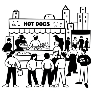 A crowded Chicago street vendor stand with "Hot Dogs" prominently displayed above. A vendor behind the counter is grilling hot dogs on a steaming grill. Various toppings such as relish, mustard, and onions are arranged in neat containers on the counter. A line of customers is waiting eagerly, some holding paper plates. Skyscrapers and bustling pedestrians can be seen in the background, with a city skyline silhouette framing the scene.