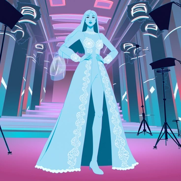 A renowned historical actress with long, flowing hair and a vintage gown, adorned with intricate lace and embellishments. She stands confidently, striking a poised and elegant pose on a film set designed to resemble a grand historical location. The background features elaborate architectural elements with high ceilings, ornate columns, and dramatic lighting. Studio equipment is subtly integrated into the scene, highlighting the contrast between the actress and the modern filming environment. The mood captures the essence of a bygone era while showcasing the artistry of the film production.