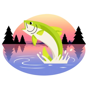 A largemouth bass with green and white scales is leaping out of the water, creating a splash as it arcs gracefully. The setting sun casts a warm orange and pink glow over the lake, reflecting on the surface of the water. Silhouetted trees line the shores of the lake, adding depth to the scene. Soft ripples spread across the water’s surface, enhancing the tranquil atmosphere of the moment.