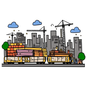 A cargo train transporting construction materials through a developing city area
