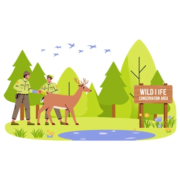 A wildlife conservation area with a variety of green trees and lush grass. Two rangers, one wearing a green uniform and a hat, are tending to a brown deer, gently feeding it some leaves. Nearby, a small water pond reflects the blue sky. In the background, a flock of birds flies over the treetops, and a vibrant array of wildflowers adds color to the scene. A wooden sign labeled "Wildlife Conservation Area" stands prominently at the edge of the area.