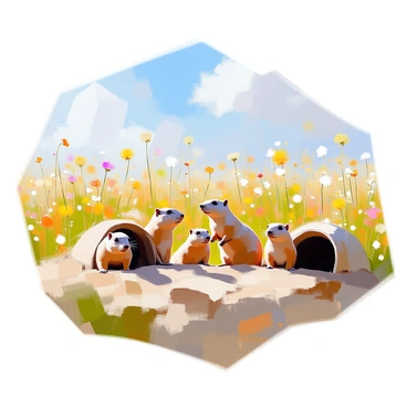 A vast grassland stretches out under a clear blue sky, dotted with patches of wildflowers swaying gently in the breeze. In the foreground, several prairie dogs are emerging from their burrows, with their small, alert faces peeking out from the entrances. Each prairie dog has soft brown fur, large round eyes, and stands upright on its hind legs, looking around curiously. The burrows are slightly mounded, with freshly disturbed soil around them. The grass is lush and green, creating a lively scene as the prairie dogs interact with one another and explore their surroundings.