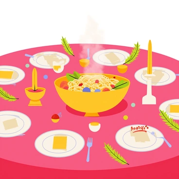 A festive table set for a holiday meal, with a bright red tablecloth covering the surface. The table is adorned with a variety of colorful plates and shiny silverware arranged neatly at each setting. In the center of the table, there is a large bowl of "Maggi noodles," steam rising from it, surrounded by small bowls filled with vibrant vegetables and sauces. Decorative elements such as "golden candles" in elegant holders and "green pine branches" with red berries are placed strategically around the centerpiece, adding to the holiday atmosphere. A few small "festive ornaments" are scattered around the table, completing the festive look.
