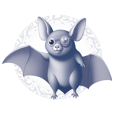 A formal portrait of a bat with distinguished features. The bat is wearing a monocle over one eye, adding an air of sophistication. Its wings are elegantly folded against its body, and the fur appears meticulously groomed. The background features subtle ornamental patterns reminiscent of Victorian decor, enhancing the formal atmosphere of the portrait. The bat's expression is serious and confident, embodying a sense of nobility and charm.