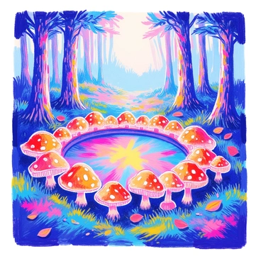 A ring of mushrooms forms a perfect circle in the forest. The mushrooms are various shades of brown and tan, with white spots on their caps. In the center of the ring, a shimmering portal glows with vibrant colors, reflecting shades of blue, purple, and green. Surrounding the mushrooms, the forest floor is covered in rich green moss, with patches of fallen leaves scattered about. Tall trees with thick trunks and lush foliage frame the scene, allowing dappled sunlight to filter through the leaves.