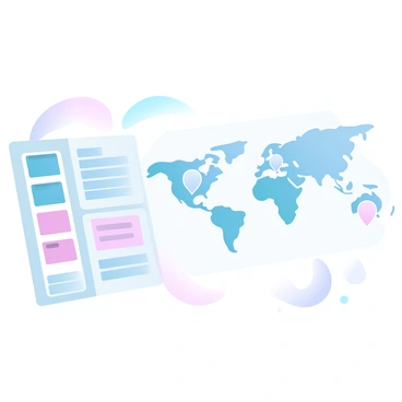 A kanban board with multiple colored sticky notes organized in columns is positioned to the left. Each column represents different stages of a project, with various tasks listed on the notes. To the right, a large world map displaying different countries is clearly visible, with markers indicating various project locations. The background features a soft gradient of pastel colors, creating an inviting atmosphere for the scene.