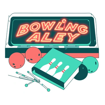 A teal matchbook from a 1960s bowling alley is displayed in the foreground. The cover features a bold design with white bowling pins arranged artistically. The background is illuminated with vibrant orange neon lights that outline the name of the bowling alley in a playful font. The matchbook is slightly opened, revealing a few matchsticks inside. Surrounding the matchbook are scattered bowling balls in various colors, adding to the lively atmosphere of the scene.