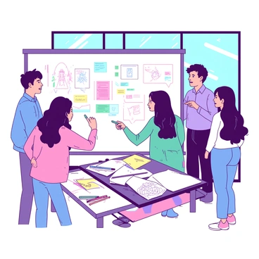 A group of five students is gathered around a large whiteboard filled with colorful sketches and notes. The students, two boys and three girls, are actively discussing their ideas. One girl is holding a teal marker, drawing an outline of a character on the board. The other students are pointing at different sections of the board, some are leaning in closer to examine the sketches. The room is bright and modern, with large windows allowing natural light to flood in. On a nearby table, there are various art supplies, including colored pencils and sketchbooks scattered around. The atmosphere is focused and collaborative.