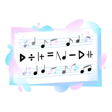 A vibrant page features a musical score filled with quarter notes and half notes. The quarter notes are arranged in a rhythmic pattern, while the half notes are placed at intervals, showcasing their longer duration. Above the notes, clear fraction symbols indicate their respective values. Colorful lines and staff lines create a lively backdrop, enhancing the visual appeal of the musical elements. Various bright hues blend together, giving the entire scene a dynamic and engaging atmosphere.