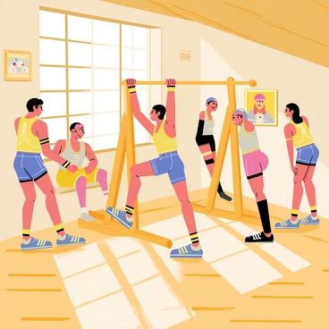 A vintage-style gym featuring wooden gym equipment and exposed brick walls. Several people in retro workout gear, including high-waisted shorts and brightly colored tank tops, are seen performing pull-ups on a classic wooden pull-up bar. One person has a headband and wristbands, while another person sports leg warmers. Sunlight streams through large windows, casting playful shadows on the wooden floor, and vintage posters of athletes decorate the walls.