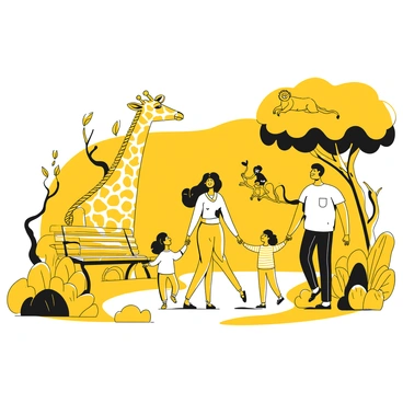 A family of four is walking together along a path in the Belgrade Zoo. The parents are holding hands and smiling, while the two children, a boy and a girl, are pointing excitedly towards the animals. In the background, there are various animals visible; a giraffe is reaching for leaves on a tall tree, a lion is lounging in the shade, and a group of monkeys is playing on a nearby branch. The pathway is lined with plants and benches, creating a lively atmosphere filled with the sounds of animals and the laughter of the family.