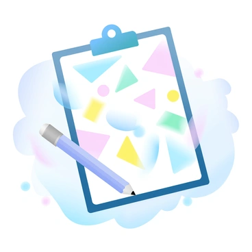 A clipboard is placed on a flat surface, featuring a creative cover design composed of colorful geometric shapes. Various triangles, circles, and squares in vibrant shades of blue, pink, yellow, and green are arranged in a dynamic pattern. The clipboard has a shiny finish that reflects light, enhancing the colors of the shapes. A pencil is lying next to the clipboard, adding a touch of functionality to the scene. The background is a soft, gradient pastel color that complements the clipboard's design.