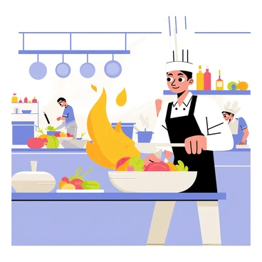 A passionate chef with a tall white toque and a black apron stands at a stainless steel stove, skillfully tossing ingredients in a large silver pan. The pan is filled with a mixture of colorful vegetables and meat, creating a vibrant scene. Bright orange flames leap up from the pan, illuminating the chef's focused expression. In the background, various kitchen staff members are working busily, chopping vegetables and stirring sauces. Pots and pans hang from a rack above, and the walls are adorned with shelves filled with spices and cooking utensils. The atmosphere is lively, with steam rising from the stoves and the sounds of sizzling filling the air.