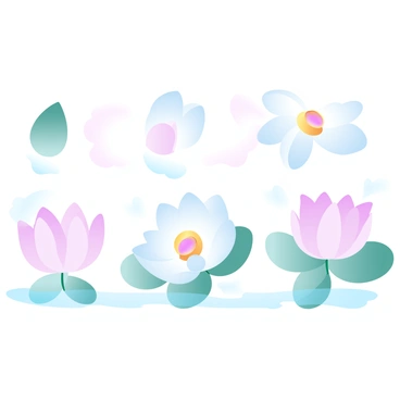 A sequence depicting the various stages of a lotus flower blooming. Beginning with a closed bud, showcasing its smooth green exterior. Transitioning to an emerging flower where petals are just beginning to unfurl, revealing soft, pale pink hues. Next, a partially open lotus with more petals visible, displaying a gradient of pink and white, surrounded by lush green leaves. Finally, a fully bloomed lotus flower, showcasing numerous delicate petals fully spread out, with a vibrant pink center and additional surrounding leaves. The background features gentle flowing water, adding to the serene atmosphere of the scene.