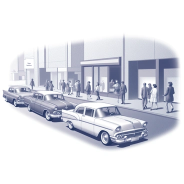 A busy street scene depicting a 1950s urban environment. The image features several vintage cars parked along the curb, showcasing their classic designs and rounded shapes. Pedestrians stroll along the sidewalk, wearing period clothing such as high-waisted trousers, poodle skirts, and tailored jackets. A group of people is gathered at a corner, engaged in conversation. Storefronts with large display windows line the street, showcasing items from the era. The scene captures the lively atmosphere of daily life during that time.