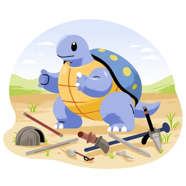 A blue Blastoise stands confidently on a historic battlefield, its powerful body poised for action. The creature's shell glistens under the sun, highlighting its aquatic features. Around Blastoise, ancient armor pieces are strewn across the ground, including tarnished helmets and rusted breastplates. Various weapons such as swords and spears lay scattered, some partially buried in the dirt. The battlefield has uneven terrain, with patches of grass poking through the debris and distant hills visible under a clear sky.