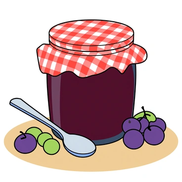 A small glass jar filled with a rich, dark purple homemade grape jam. The jar has a smooth, rounded shape and is topped with a gingham cloth lid, featuring a classic red-and-white checkered pattern. The jar is placed on a light wooden table, and a few fresh grapes are scattered around it, showing a mix of green and purple. A small silver spoon is leaning against the jar, reflecting the light, inviting the viewer to taste the jam.