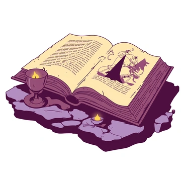 An ancient book with weathered, cracked leather covers lies open on a textured stone table. The pages are yellowed and filled with intricate illustrations of dark myths and legends, featuring eerie creatures and mystical symbols. Shadows from flickering candlelight dance across the pages, creating a mysterious ambiance. Surrounding the book, there are small artifacts, such as a tarnished silver goblet and a feather quill, both resting on the rugged surface of the stone table.