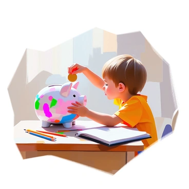A young child with light brown hair, wearing a bright yellow t-shirt, is reaching towards a colorful piggy bank on a wooden desk. The piggy bank is shaped like a cheerful pig, adorned with vibrant patterns of pink, blue, and green. The child is holding a shiny golden coin in their hand, with a look of concentration on their face as they prepare to drop it into the slot of the piggy bank. The desk has scattered school supplies, including colorful pencils and a notebook, adding to the playful atmosphere of the scene.