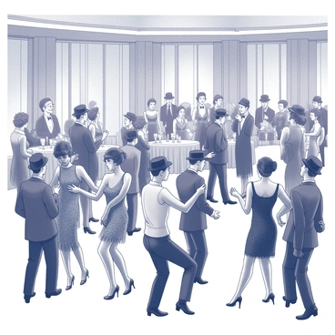 A lively event set in a grand ballroom filled with elegant decor. Groups of guests mingle, dressed in 1920s attire, featuring men in tailored suits, some with fedoras, and women in sparkling flapper dresses adorned with fringe and sequins. The atmosphere is filled with the sounds of jazz music, and a stage area is set up for performances. Flapper dancers perform rhythmic dance movements, showcasing their energy and charisma. In the background, tables are arranged with guests enjoying drinks from vintage glassware, while a few attendees engage in discreet conversations, hinting at their involvement with the mafia. The scene captures the opulence and excitement of the era.