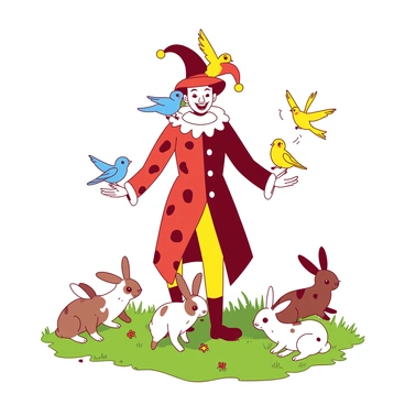 A jester surrounded by playful animals, like rabbits and birds, in a sunny meadow.