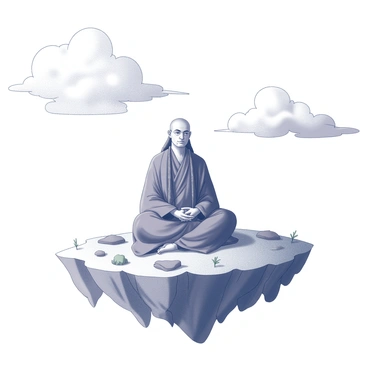 A guru sitting cross-legged on a small, floating island. The island is surrounded by clouds and has a few patches of grass and small rocks. The guru is dressed in traditional robes, with long hair cascading down their shoulders. They have a serene expression on their face, reflecting deep concentration. Above them, the sky is vast, with fluffy clouds drifting around. The lighting creates a soft atmosphere, adding a sense of tranquility to the scene.