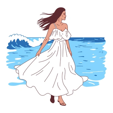 A woman in a white flounce gown stands gracefully by the ocean. The gown billows gently in the breeze, creating soft waves of fabric around her. Her hair flows lightly in the wind, complementing the movement of her dress. The ocean waves crash softly in the background, adding a dynamic element to the scene. The sunlight glistens on the surface of the water, enhancing the overall brightness of the moment.