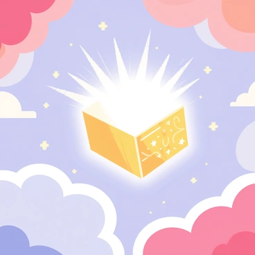 A celestial realm filled with soft, swirling clouds of pastel colors including pink, blue, and lavender. In the center of the scene, there is a floating box that emits a bright, ethereal light, illuminating the surrounding clouds. The box has intricate patterns etched into its surface, sparkling with tiny stars. Above the box, a scattering of small, glowing orbs float gently, complementing the magical atmosphere of the realm.