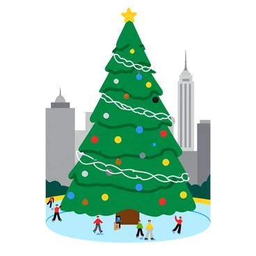 A giant Christmas tree with a lush, green appearance stands tall in the center of Rockefeller Center. The tree is adorned with a variety of colorful ornaments in red, gold, blue, and silver, reflecting lights that twinkle brightly. Strands of white lights wrap around the branches, enhancing the festive atmosphere. Below the tree, a snow-covered plaza is bustling with holiday shoppers and ice skaters, creating a joyful scene. The iconic architecture of the surrounding buildings frames the tree, adding to its majestic presence.