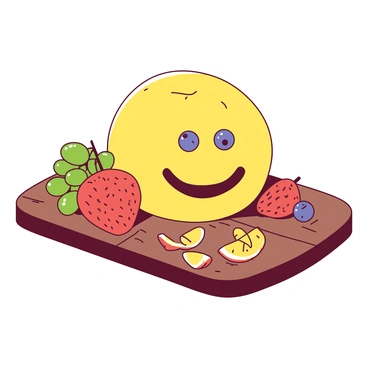 A yellow smiley face is created with a variety of fruits arranged on a wooden table. The eyes are made of two small blueberries, while the mouth is crafted from sliced strawberries, forming a cheerful expression. The face is set against the rich brown texture of the wooden table, with additional fruits like orange segments and green grapes scattered around, adding color and vibrancy to the scene.