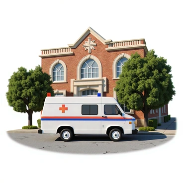 A retro-style medical transport van from the 1980s, painted in bright white with bold red and blue accents, is parked in front of an old hospital building. The van features a distinctive boxy shape, large side windows, and a light bar on the roof. The hospital, constructed with red brick and aged white trim, has a classic design with tall arched windows and a large entrance. Surrounding the van and the hospital are a few trees with lush green foliage, and the pavement is slightly cracked, showing signs of age. The scene captures a sense of nostalgia and history.