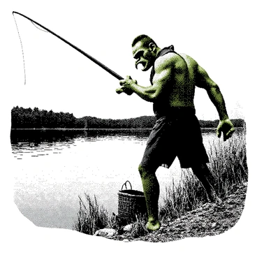 An orc is standing beside a lake, holding a handmade fishing rod. The orc has green skin and tusks protruding from its lower jaw. Its muscular build is evident as it leans slightly forward, focused on the water. The lake is calm, reflecting the surrounding landscape. The orc wears simple clothing made from natural materials. Nearby, a small basket sits on the ground, likely for catching fish. Tall grass and a few rocks frame the scene, enhancing the sense of a natural setting. Light ripples in the water suggest movement beneath the surface.