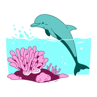 A teal dolphin is gracefully swimming through clear water, surrounded by a cluster of pink sea anemones. The dolphin is leaping playfully above the water, creating small splashes as it moves. The sea anemones are thriving, with their tentacles gently waving in the current. Sunlight filters through the water, casting shimmering patterns over the scene.