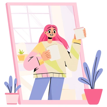 A young anime girl with long, flowing pink hair is standing in front of a large mirror. She is wearing a cozy, oversized sweater with pastel colors. In her hands, she is holding a large white coffee mug, and a warm smile is on her face. The background features a softly lit room with a few potted plants and a neatly made bed. The mirror reflects her cheerful expression and the delicate morning light streaming through the window.