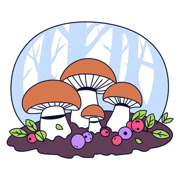 A cluster of mushrooms with brown caps and white stems growing on a patch of rich, dark soil. Surrounding the mushrooms are vibrant wild berries in shades of red and purple, nestled among green leaves and small ferns. The setting features dappled sunlight filtering through the overhead tree branches, creating a natural habitat in the forest. The ground is covered with a layer of fallen leaves and twigs, enhancing the earthy scene.