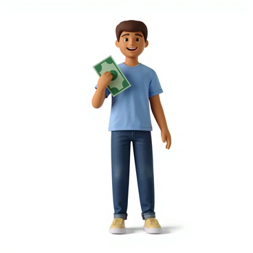A young person with light skin and short brown hair, wearing a casual blue t-shirt and jeans. They are standing outdoors in a sunlit environment, holding a piece of paper that represents their first paycheck. The young person has a broad smile on their face, displaying a sense of pride and achievement. Their posture is relaxed, with one arm slightly raised as they hold the paycheck, capturing the excitement of the moment.