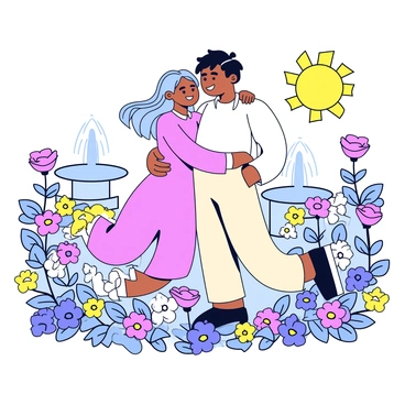 A couple embracing in a picturesque garden filled with blooming flowers. The woman has long, flowing hair and is wearing a light pink dress, while the man is dressed in a white shirt and light-colored trousers. They are surrounded by colorful flowers, including roses and daisies. A small fountain is visible in the background, with water gently flowing. The sun is shining, casting soft light on their faces, and the couple is smiling at each other, exuding love and connection.